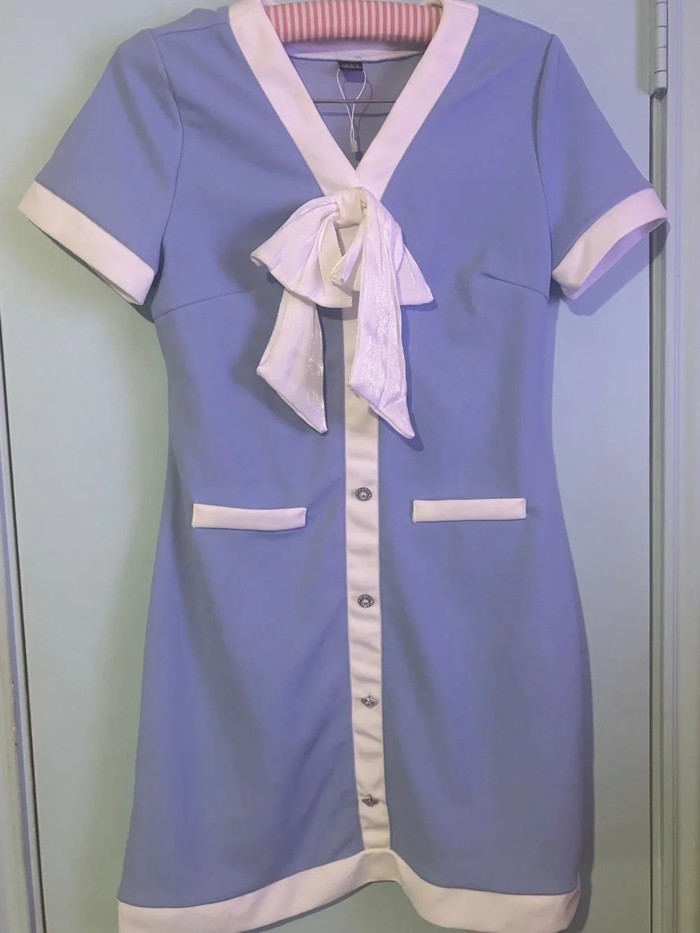 Periwinkle Blue Mod Front Button Dress Cosplay Stewardess M - Picture 2 of 5